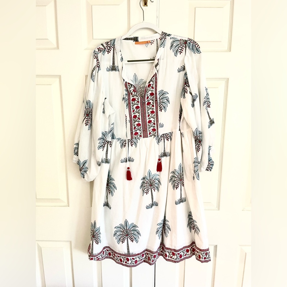 OLIPHANT cuff sleeve dress in kiawah red and blue